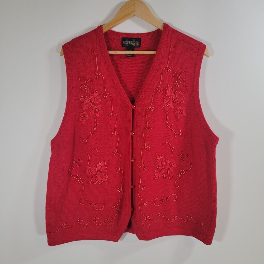REQUIREMENTS Red Sleeveless Cardigan Size 1X Beaded Embroidered Sweater Vest